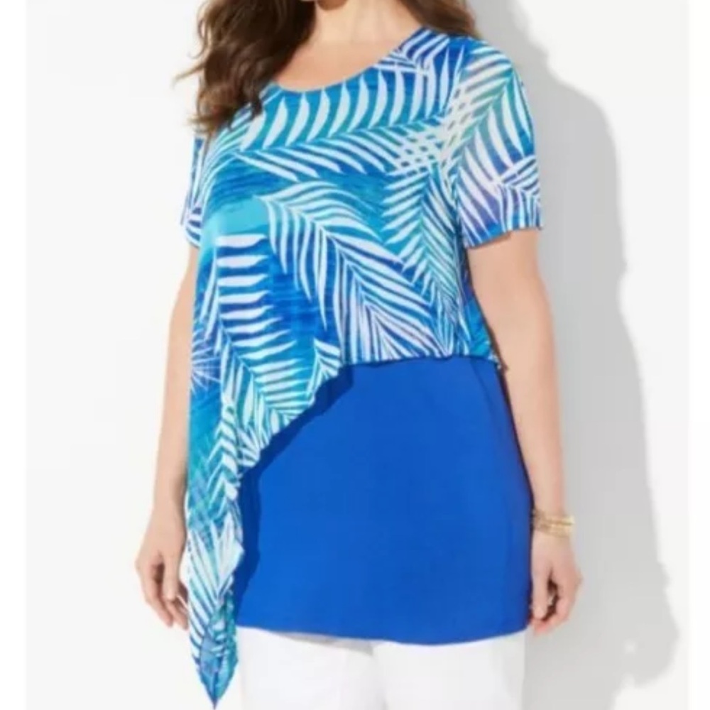 Catherine's Angled Duet Top Size 3X Blue Palm Blouse Flowy Plus Size Flattering